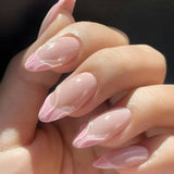 24Pcs Short Press on Nails with Almond Head Full Cover Silver Edge False Nails Nude Pink Glossy Artificial Nails for Girls Daily