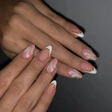 24Pcs Short Press on Nails with Almond Head Full Cover Silver Edge False Nails Nude Pink Glossy Artificial Nails for Girls Daily