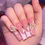 24Pcs Gold Flower False Nails Simple with Rhinestones French Design Wearable Fake Nails Full Cover Press on Nails Tips Art