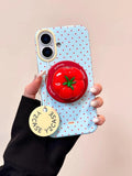 3D Polka Dot Cute Tomato Magnetic Grip Tok Phone Stand Holder Phone Case for IPhone 16 15 14 13 Pro Max Funny Magsafe Back Cover