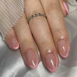 24Pcs Short Press on Nails with Almond Head Full Cover Silver Edge False Nails Nude Pink Glossy Artificial Nails for Girls Daily