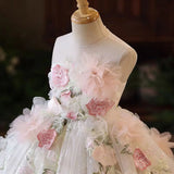 Luxury Floral Pink Flower Girl Dress Sleeveless Lace for Eid Princess Wedding Pageant Birthday Party Ball Gowns J197