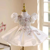 Luxury White Puffy Sleeve Beading Flower Girl Dress Knee Length Princess Kids Wedding Birthday Party Holiday Gown J543