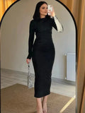 Pleated Long sleeved Slim Maxi Dress Women Solid Fashion Elegant Party Dress Gown Off-Shoulder High Waist Bodycon Dress