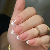24Pcs Mid-length French Fake Nail with Silver Edge Design Round Head Almond False Nail Wearable Simple Finished Press on Nails
