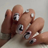 24Pcs Short Artificial False Nails with Glue Blue Sea Wave Designs Fake Nails Press on Wearable Square French Manicure Tips