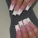 24Pcs Long Ballet False Nails with Bow Designs Pink Coffin Press on Nails Wearable French Fake Nail Full Cover Manicure Tips