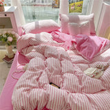 Green Stripe Style Duvet Cover with Bedsheet Pillowcase Soft Bed Linen Skin-friendly INS Seersucker Bedding Set for Boys Girls