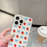 Cute Bowknot Lovely Strawberry Phone Case for IPhone 16 15 14 13 Pro Max Iphone 16Pro 15pro Glitter Shockproof Style Case Cover