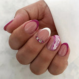 24Pcs Short Press on Nails with Almond Head Full Cover Silver Edge False Nails Nude Pink Glossy Artificial Nails for Girls Daily