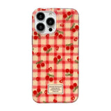 Korean Fashion Cherry Grid Pattern Case For iPhone 16 Pro Max 15 13 14 IMD Silicone Shockproof Protective Phone Back Cover