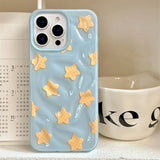 Yellow Stars Blue Wrinkle Fold Texture TPU Case For iPhone 16 Pro Max 15 14 13 Shockproof Back Cover