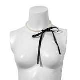 Korean Romantic Imitation Pearl Beaded Choker Fashion Black Velvet Adjustable Bow Necklace Banquet Wedding Jewelry