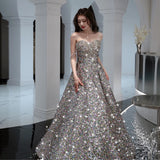 Luxury Silver Sequins Celebrity Dress Sexy Spaghetti Strap A-line Sleeveless Floor Length Glitter Beading Lady Prom Party Gowns