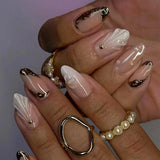 24Pcs Simple French Nails Art Tips Fake Nails 3D Design Wearable Full Cover False Nail Mid-length Almond Reusable Press on Nails