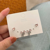 6pcs/set Women Silver Color Y2K Pink Crystal Heart Stud Earring Korean Trendy Punk Sweet Cool Bow Star Earring Aesthetic Jewelry