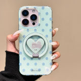 Mint Green Polka Dot Magnetic Holder Stand Phone Cover For iPhone 16 Pro Max 15 14 13 Case
