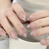 24Pcs Mid-length French Fake Nail with Silver Edge Design Round Head Almond False Nail Wearable Simple Finished Press on Nails