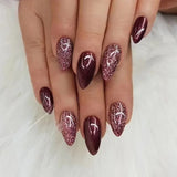 24Pcs Simple Wine Red Fake Nail with Glue Mid-length Almond Press on False Nails Wearable Round Head Oval Full Cover Nail Tips