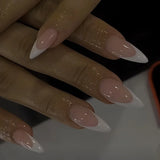 24Pcs Short Press on Nails with Almond Head Full Cover Silver Edge False Nails Nude Pink Glossy Artificial Nails for Girls Daily