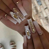 24Pcs White French False Nails Long Coffin Flower Butterfly with Rhinestones French Design Wearable Fake Nails Press on Nails