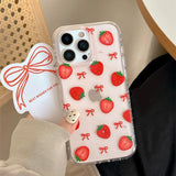 Cute Bowknot Strawberry Glitter IMD TPU Transparent Back Cover For iPhone 13 14 15 16 Pro Max Case