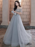 Elegant Gary Evening Dresses Strapless Scoop Neck Dubai Arabic Sparkling Applique Beaded A-Line Formal Party Prom Dresses