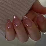 24Pcs Mid-length French Fake Nail with Silver Edge Design Round Head Almond False Nail Wearable Simple Finished Press on Nails