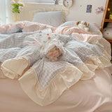 Korean Princess Style Bedding Set Soft Skin-friendly Lattice Lace Ruffles Quilt Cover Plaid Style Duvet Covers Set Pillowcases