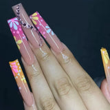 24Pcs Gold Flower False Nails Simple with Rhinestones French Design Wearable Fake Nails Full Cover Press on Nails Tips Art