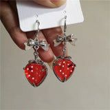 Girls Cute Strawberry Drop Earrings Green Leaves White Flower Red Berry Crystal Stone Earrings ForSummer Jewelry Gift