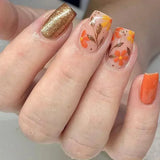 24pcs Short Square Amber Flower Fake Nail with Glue Wearable Autumn Designs Press on Nails Full Cover  Acrylic False Nails Tips