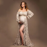 Boho Style Lace Maternity Dress Bohemian Photo Shooting Pregnancy Dress Baby Shower Ruffled Split Cut Lace Dress