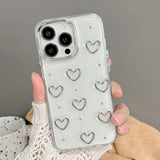 Fashion Metal Silver Love Heart Epoxy Glitter Case For iPhone 16 Pro Max 15 13 12 11 14 Plus Clear Bling Shockproof Phone Cover