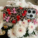 Luxury Cute Pink Bowknot Leopard Cherry Phone Case For iPhone 16 Pro Max Case iPhone 15 14 13 12 11 XS X XR 7 8 Plus Laser Cover