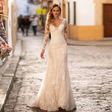 Long Sleeve Lace Mermaid Wedding Dresses V-Neck Tulle Bridal Gown For Women With For Women Made Robe De Mariee Customize