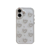 Fashion Metal Silver Love Heart Epoxy Glitter Case For iPhone 16 Pro Max 15 13 12 11 14 Plus Clear Bling Shockproof Phone Cover