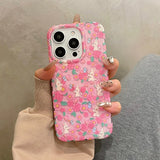 Stylish Colorful Flowers Cute Rabbit Glitter Phone Case For iPhone 16 Pro Max 15 13 14 Shockproof IMD Silicone Back Cover Shell