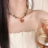 Melard Style Retro Beaded Butterfly Pendant Necklace for Women Colored Beads Bilayer Clavicle Sweater Chain Chokers Fine Jewelry