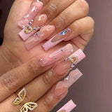 24Pcs Long Ballet False Nails with Bow Designs Pink Coffin Press on Nails Wearable French Fake Nail Full Cover Manicure Tips