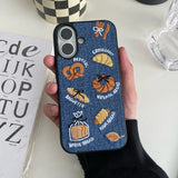 Retro Denim Embrpoidery Bread Toast Warm Fabric Phone Case For iPhone 16 15 14 13 Pro Max Lovely Back Cover