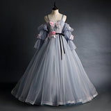 Exquisite Grey Tulle Spaghetti Straps Bridal Evening Party Dress with 3D Floral Detachable Sleeves Photography Gown