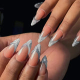 24Pcs Short Press on Nails with Almond Head Full Cover Silver Edge False Nails Nude Pink Glossy Artificial Nails for Girls Daily