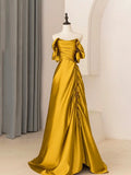 Elegant Pleated Design Vintage Gold A-line Prom Dress Off Shoulder Evening Party Gown with Ruffles for Women Vestidos De Festa