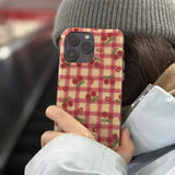 Korean Fashion Cherry Grid Pattern Case For iPhone 16 Pro Max 15 13 14 IMD Silicone Shockproof Protective Phone Back Cover