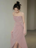 Pisoshare - Pink Strapless Evening Gown Light Luxury Dress Toasting Attire, Bride Engagement Dress Pink Dress Host Strapless Dress