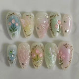 24Pcs Flora Almond Press on Nails with Glue Mori Girl Nail Art Ballet Rural Style Full Cover Wearable Acrylic Nail Manicure Tips