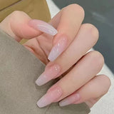 24Pcs Wearable False Nails with Glue Simple French Pink Ballerina Fake Nails Detachable Full Cover Nail Tips Press on Nails