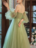Cute Sage Green Tulle A-line Prom Gown with Puff Sleeves Evening Party Dress Bridesmaid Dresses for Women Birthday Gowns