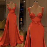 Orange Silk Satin Mermaid Sweetheart Sleeveless Floor Length Side Slit Evening Dress robes de soirée Cocktail Prom Dress